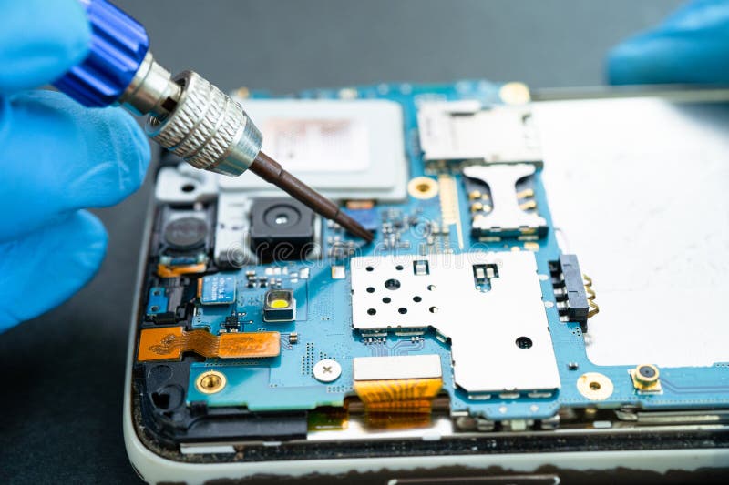 Repairing and upgrade mobile phone, electronic, computer hardware and technology concept stock photos