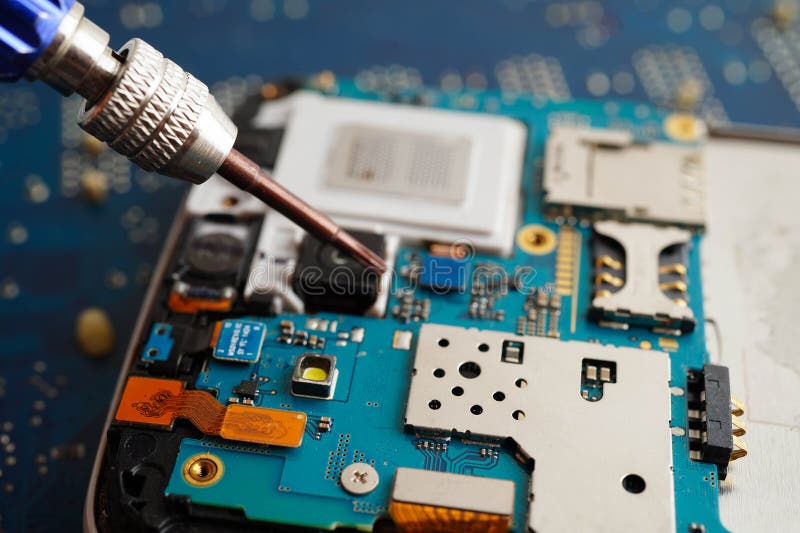Repairing and upgrade mobile phone, electronic, computer hardware and technology concept stock photos