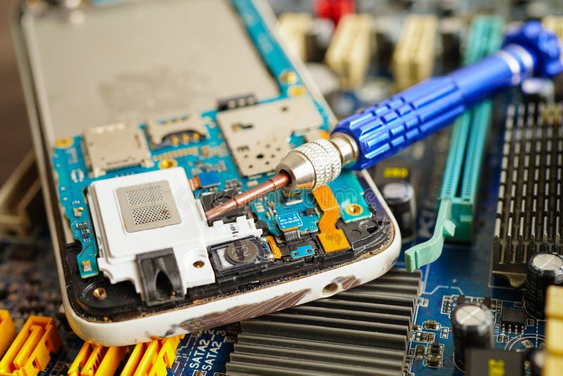 Repairing and upgrade mobile phone, electronic, computer hardware and technology concept stock images