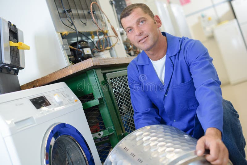 Repairman with Drum Washing Machine Stock Photo Image of electrical