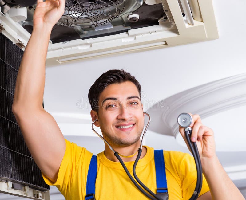 Repairman Repairing Ceiling Air Conditioning Unit Stock Photo Image