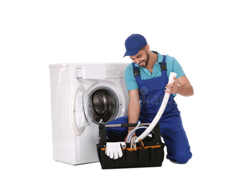 Repairman with Toolbox Near Washing Machine on White Background Stock