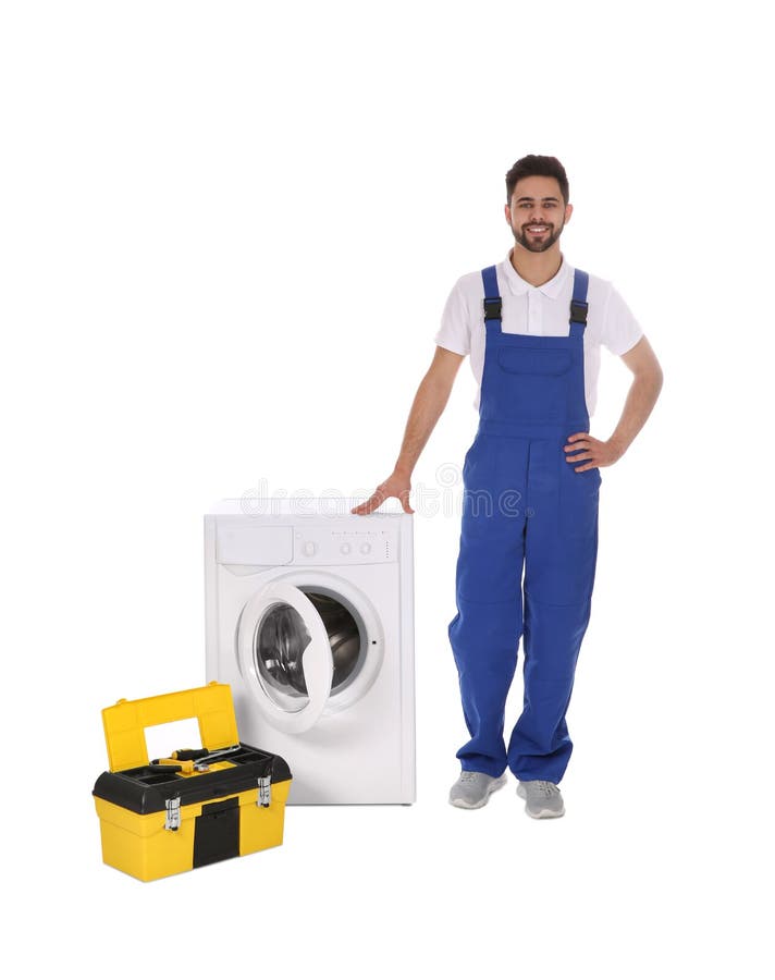 Repairman with Toolbox Near Washing Machine on White Background Stock