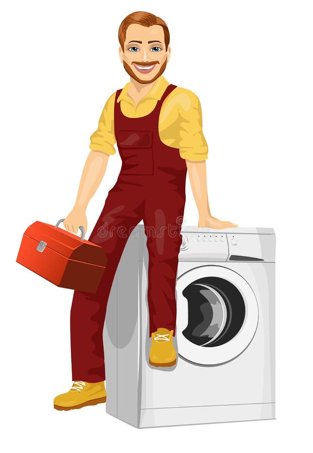 Repairman trzyma toolbox obsiadanie na pralce royalty ilustracja