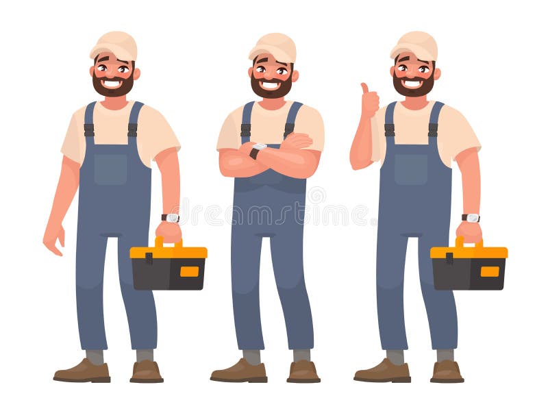Reparador o mecánico feliz con una caja de herramientas Sistema de diversa posición stock de ilustración Reparador o mecánico feliz con una caja de herramientas Sistema de diversa posición stock de ilustración