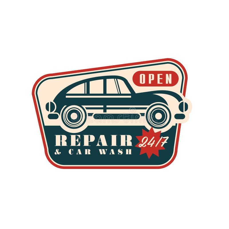 Reparations- och biltvättlogoen, öppnar 24 7, automatiskserviceemblemet, retro illustration för tappningetikettvektor på en vit b royaltyfri illustrationer Reparations- och biltvättlogoen, öppnar 24 7, automatiskserviceemblemet, retro illustration för tappningetikettvektor på en vit b royaltyfri illustrationer