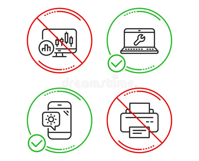 Do or Stop. Laptop repair, Weather phone and Candlestick chart icons simple set. Printer sign. Computer service, Travel device, Report analysis. Printing device. Technology set. Vector. Do or Stop. Laptop repair, Weather phone and Candlestick chart icons simple set. Printer sign. Computer service, Travel device, Report analysis. Printing device. Technology set. Vector