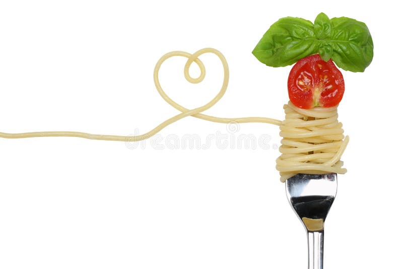 Spaghetti noodles pasta meal with heart, tomato on a fork love topic. Spaghetti noodles pasta meal with heart, tomato on a fork love topic