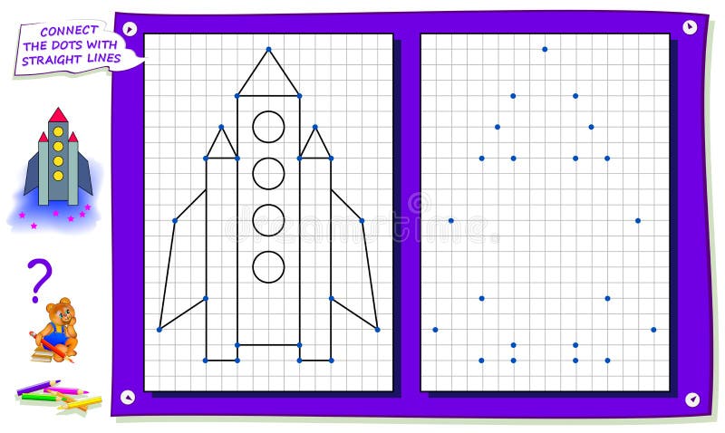 Repeat the image by example, connect dots with straight lines and draw rocket. Logic game for kids on square paper.