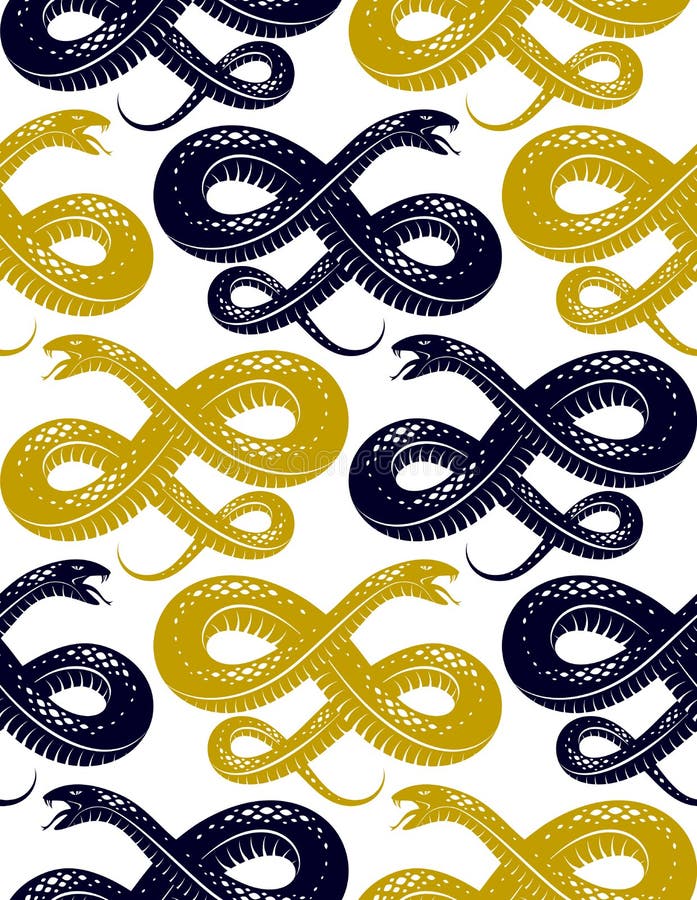 Repeat snakes seamless vector pattern, tiling endless background with venom reptiles in vintage style, subculture rock n roll and