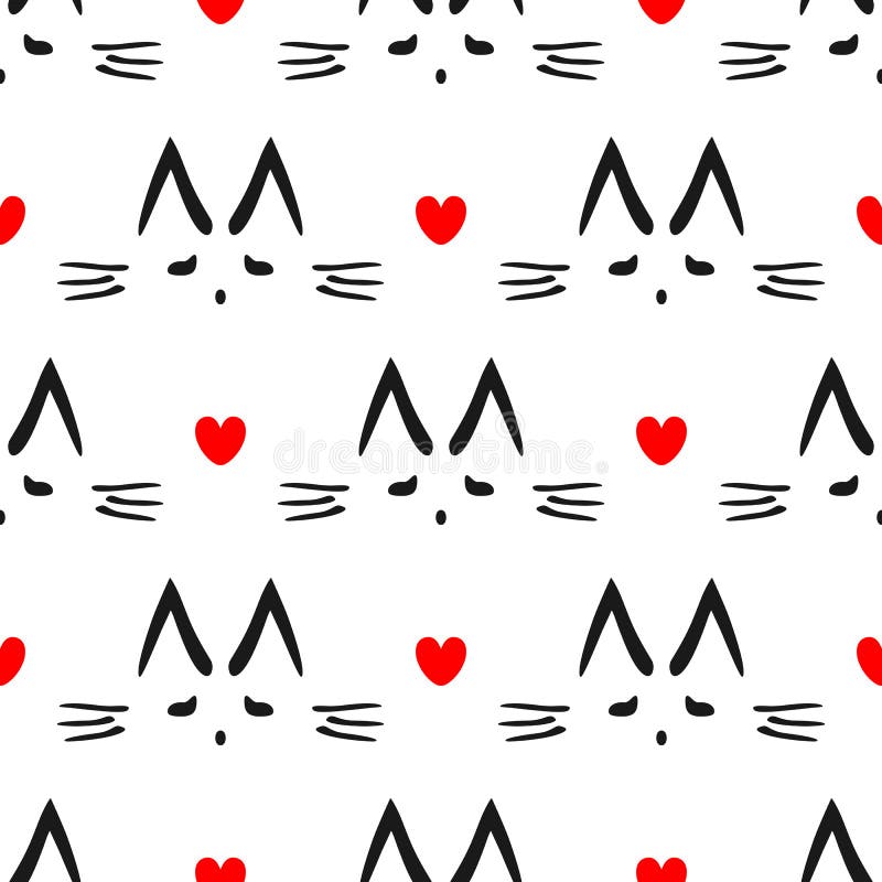 Repeated heart and outline of cat`s head drawn by hand. Cute seamless pattern for children.