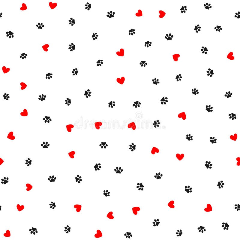 Repeated hearts and footprints of animal. Cute seamless pattern.
