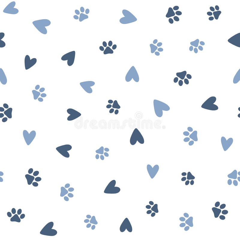 Repeated hearts and footprints of pets. Cute seamless pattern for animals.
