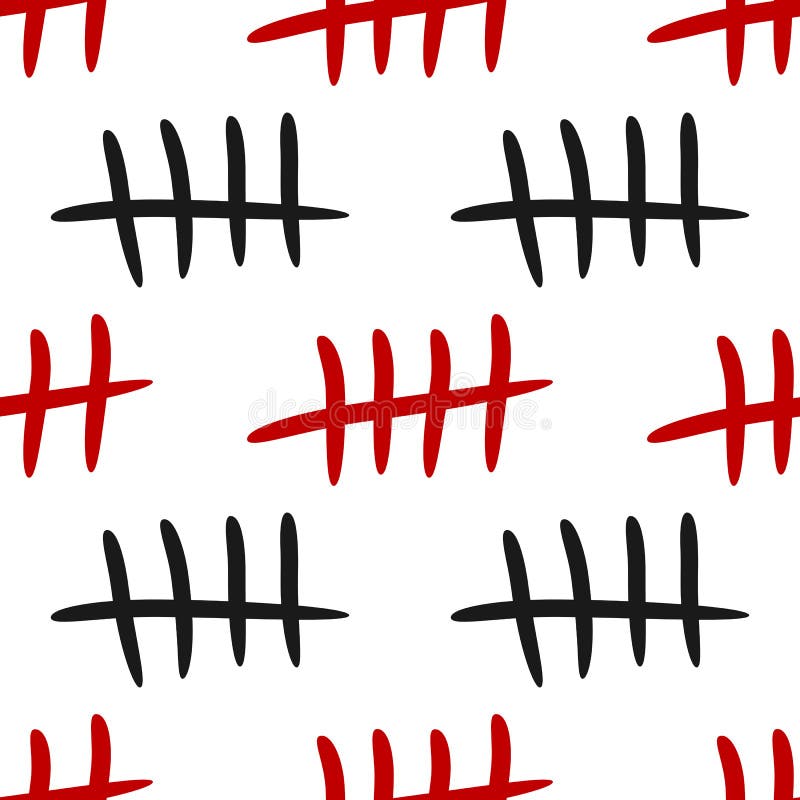 Repeating black and red tally marks on a white background. Seamless pattern. vector illustration