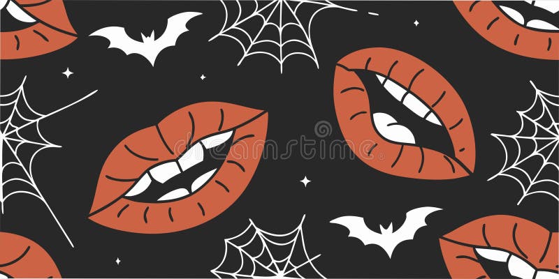 Repeating Halloween themed pattern featuring orange lips with fangs, white spiderwebs, small stars, and bat silhouettes on a black background. Spiderwebs illustrations