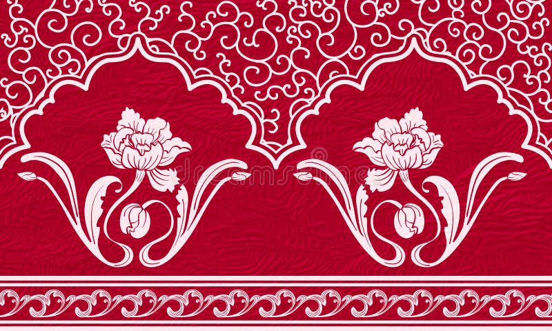 Repeating pattern with motifs of Chinese painting. White ornament and flowers on a red textured background.