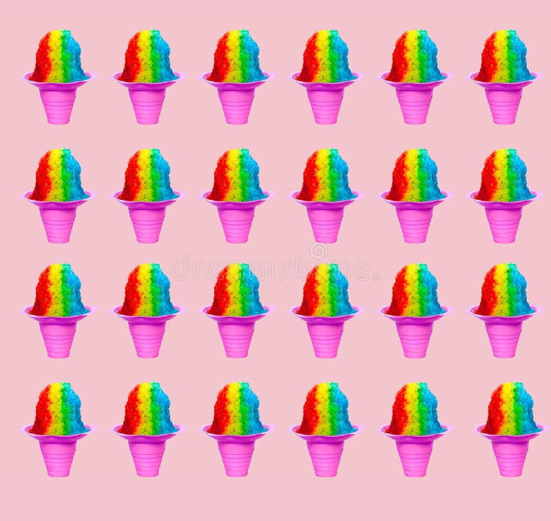 Repetitive Rainbow Hawaiian Shave Ice, Shaved Ice or Snow Cone desserts arranged on a pink as a background. Repetitive Rainbow Hawaiian Shave Ice, Shaved Ice or Snow Cone desserts arranged on a pink as a background