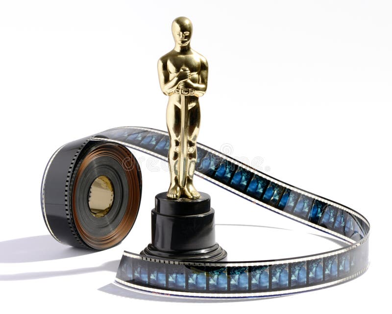 Replica Oscar statue with a roll of movie film