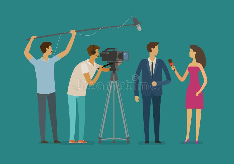 Reportaż, telewizyjny pojęcie Załogi lub dziennikarza wp8lywy wywiad obcy kreskówki kota ucieczek ilustraci dachu wektor royalty ilustracja Reportaż, telewizyjny pojęcie Załogi lub dziennikarza wp8lywy wywiad obcy kreskówki kota ucieczek ilustraci dachu wektor royalty ilustracja