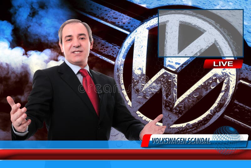 Reporter di notizie della TV sullo scandalo di frode di Volkswagen fotografie stock libere da diritti Reporter di notizie della TV sullo scandalo di frode di Volkswagen fotografie stock libere da diritti