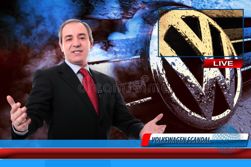 Reporter di notizie della TV sullo scandalo di frode di Volkswagen fotografia stock Reporter di notizie della TV sullo scandalo di frode di Volkswagen fotografia stock