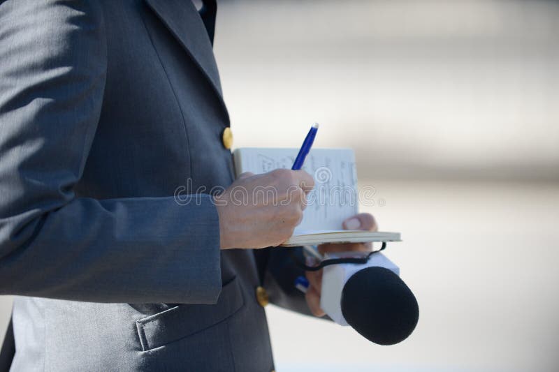 Reporter Holding Voice Recorder Making Media Interview With Politician