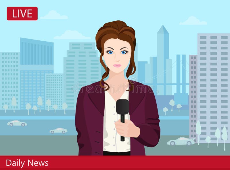 Reportero hermoso de las noticias de la mujer joven TV en la calle ilustración del vector Reportero hermoso de las noticias de la mujer joven TV en la calle ilustración del vector