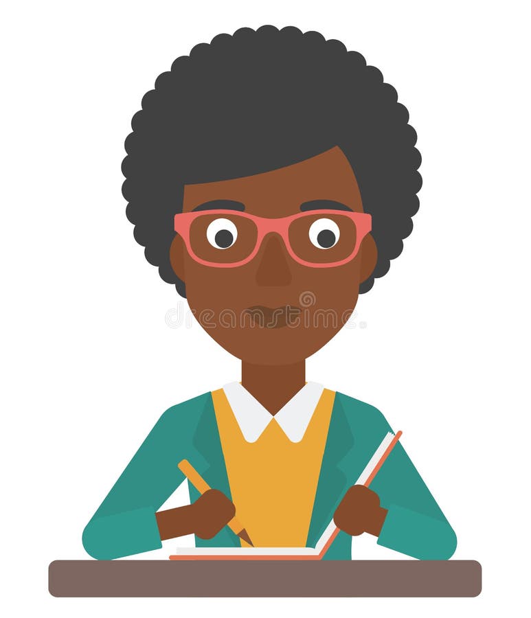 An african-american woman writing an article in her writing-pad vector flat design illustration isolated on white background. An african-american woman writing an article in her writing-pad vector flat design illustration isolated on white background.