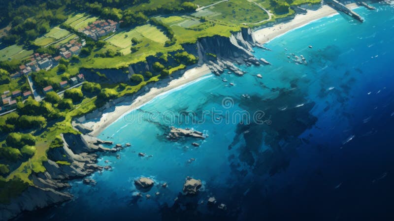 Representaciones hiperdetalladas de playas costeras en el concepto espacial estilo de arte ilustración del vector