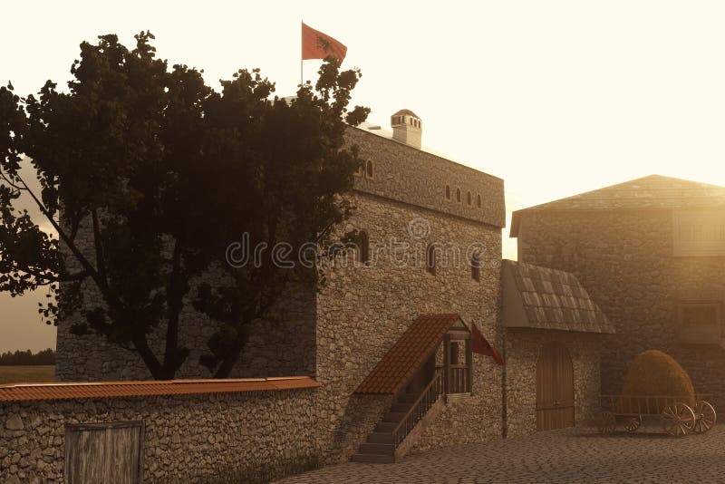representación 3d de la casa tradicional de la torre de Kulla del albanés en el ev imagenes de archivo representación 3d de la casa tradicional de la torre de Kulla del albanés en el ev imagenes de archivo