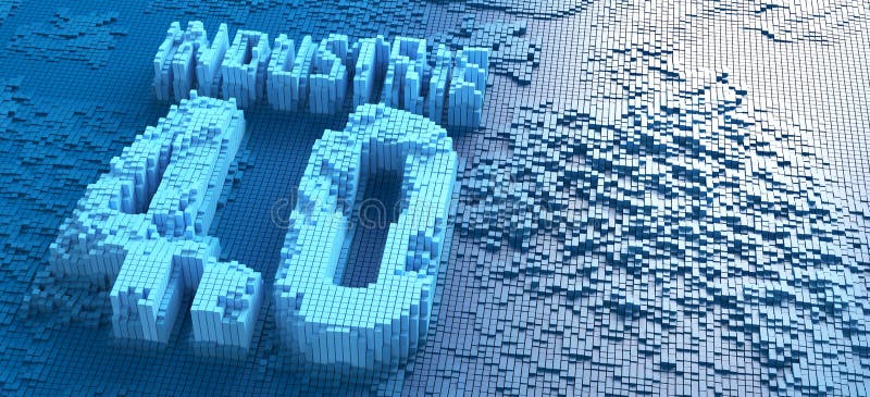 Representación 3d de las pequeñas cajas azules que forman la palabra alemana Industrie 4 0 símbolos - ejemplo imagen de archivo