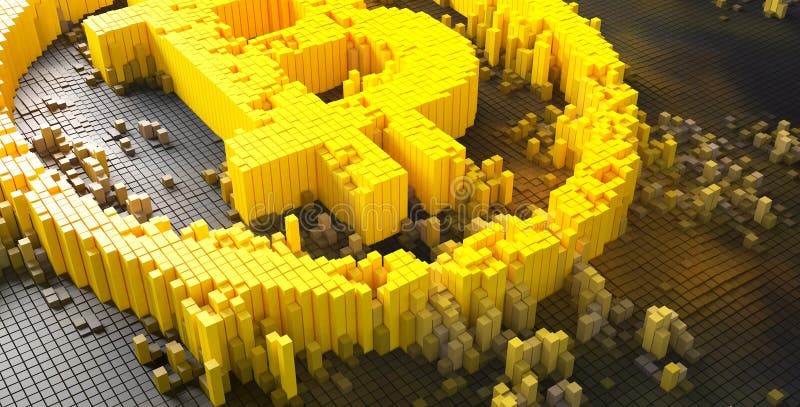 Representación 3d de los pequeños dados de oro que forman un símbolo del bitcoin stock de ilustración