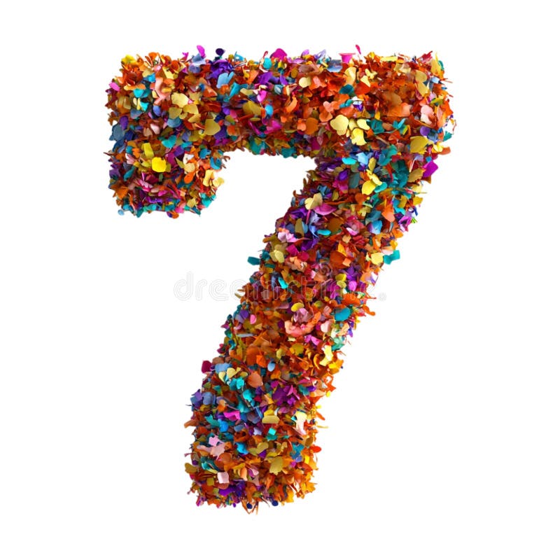 Representación 3D de un alfabeto número 7 Letra hecha desde confetti en fondo transparente stock de ilustración