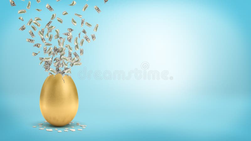 representación 3d de un huevo de oro grande con un top quebrado que deja muchos billetes de dólar volar hacia fuera libre illustration representación 3d de un huevo de oro grande con un top quebrado que deja muchos billetes de dólar volar hacia fuera libre illustration