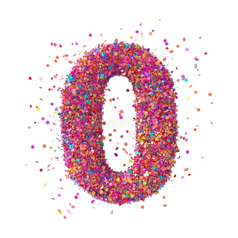 Representación 3D de un número de alfabeto 0 Letra hecha de confetti en fondo transparente stock de ilustración