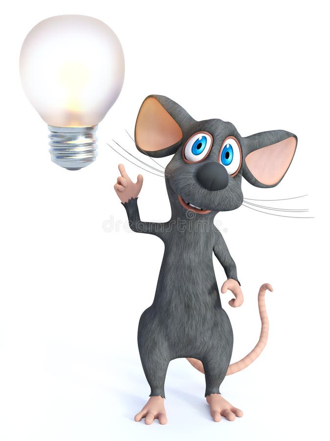 Representación 3D de un ratón de caricatura sonriente con bombilla ilustración del vector