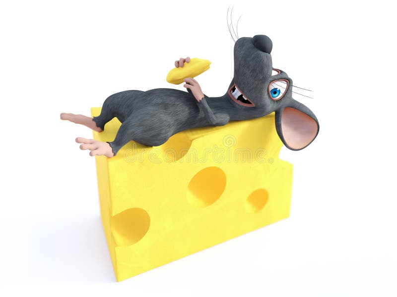 Representaci? n 3D de un rat? n sonriente de la historieta que miente en el queso stock de ilustración