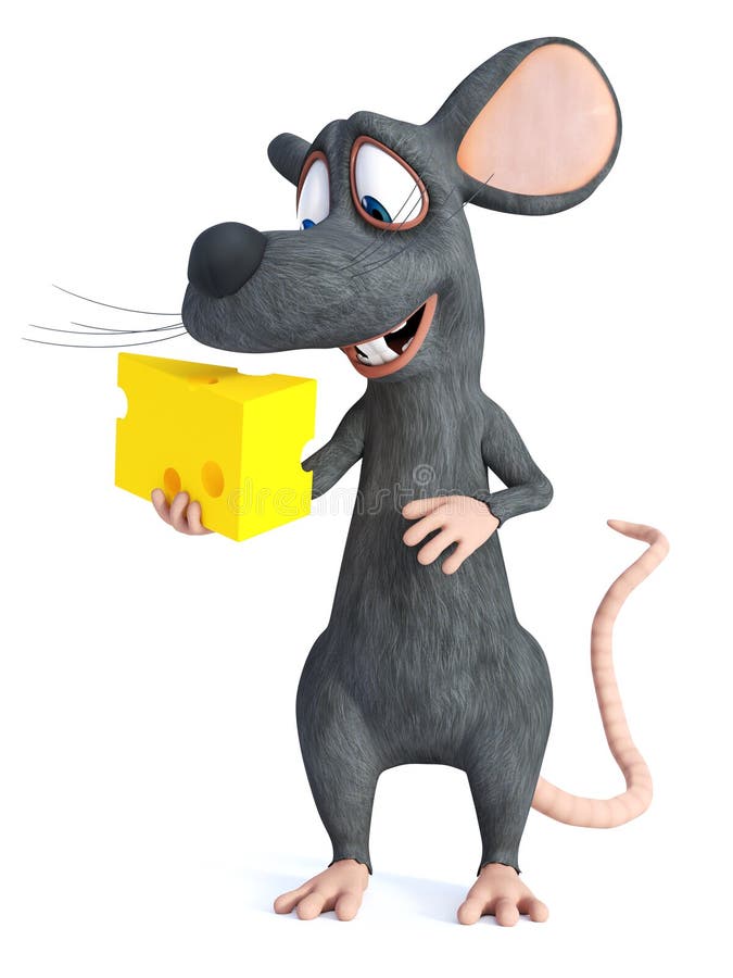 Representación 3D de un ratón sonriente de la historieta que sostiene el queso ilustración del vector