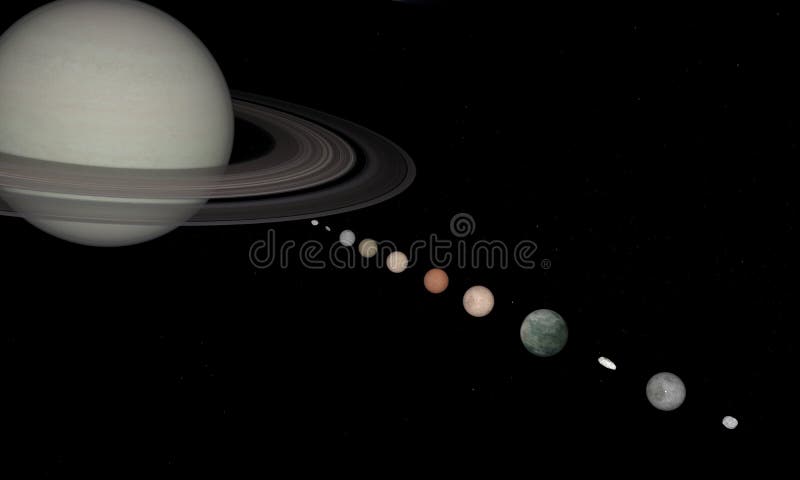 Representación 3d del planeta Saturn y del primer de las lunas con las estrellas en fondo Las seis formas del planeta el sol y el segundo mayor en la Sistema Solar