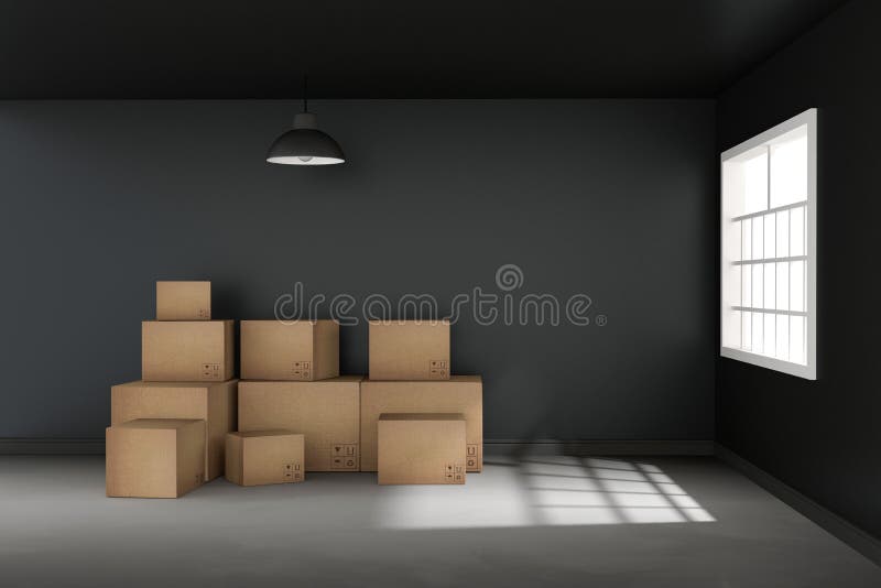 3D rendering : illustration of moving boxes at a new office. new home. Interior moving house with cardboard boxes. light from outside of the window. 3D rendering : illustration of moving boxes at a new office. new home. Interior moving house with cardboard boxes. light from outside of the window