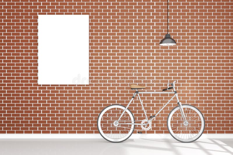 3D rendering : illustration of retro vintage bicycle and vintage metal lamp hanging on the roof against of the red brick wall.background.hipster.white poster frame hanging on the brick wall. 3D rendering : illustration of retro vintage bicycle and vintage metal lamp hanging on the roof against of the red brick wall.background.hipster.white poster frame hanging on the brick wall.