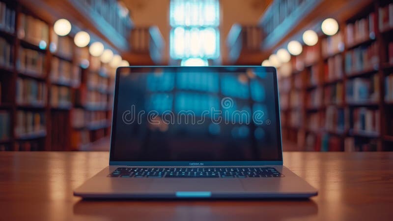 Representación 3d realista de un portátil elegante en una biblioteca académica con fondo borroso generado por ai