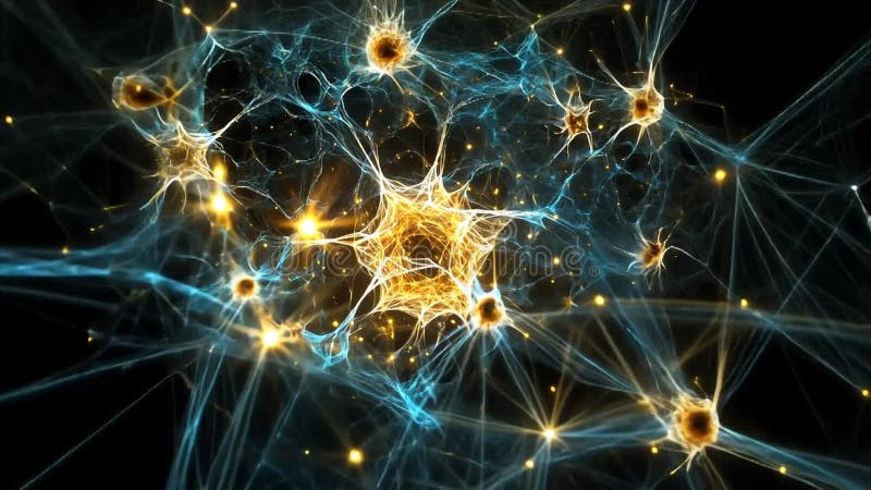 Representación de red neuronal abstracta con nodos brillantes y filamentos de conexión en un fondo oscuro libre illustration