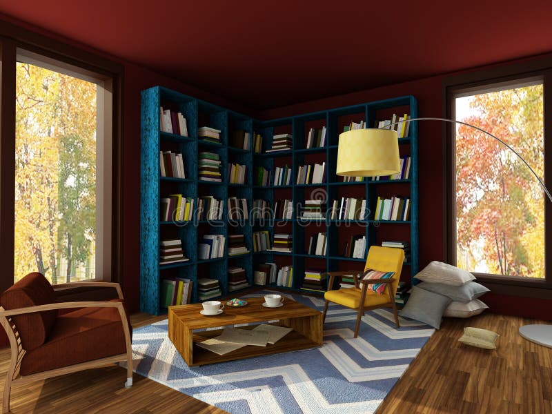 Representación del interior brillante del sitio acogedor en colores oscuros ilustración del vector Representación del interior brillante del sitio acogedor en colores oscuros ilustración del vector