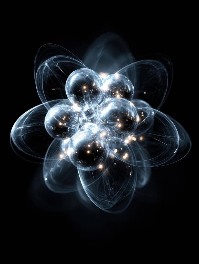 Representation of an Atom With Glowing Electrons in a Dark Background, Showcasing the Structure and Beauty of Atomic stock image