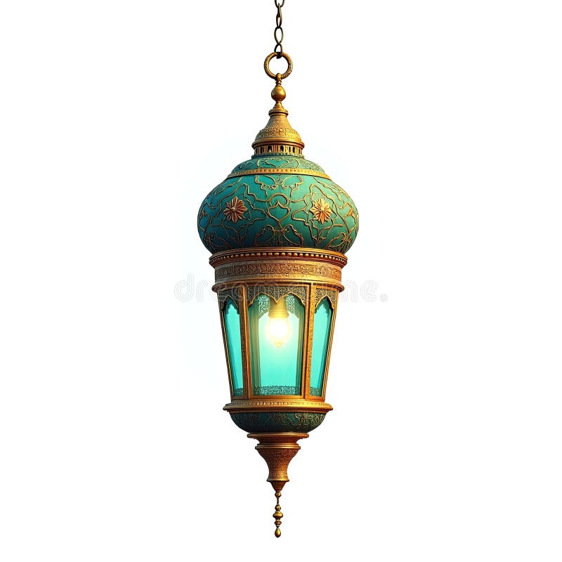 Representação isométrica de uma linda lanterna de Ramadão Karim dourada e turquesa ilustração royalty free