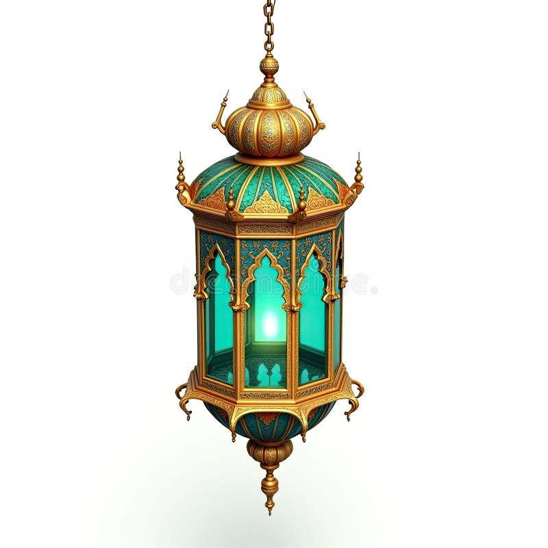 Representação isométrica de uma linda lanterna de Ramadão Karim dourada e turquesa ilustração royalty free