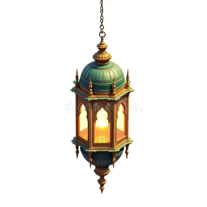 Representação isométrica de uma linda lanterna de Ramadão Karim dourada e turquesa ilustração do vetor