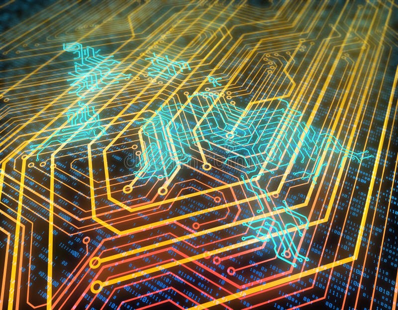 Circuit Board Technology, World Map, Electronic Data Transmission and