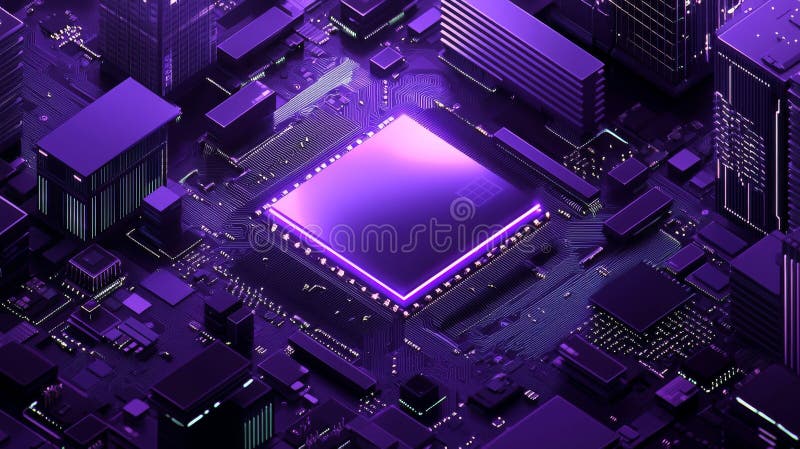 It represents quantum computing, big data, and database concepts. An isometric banner of a CPU, a central AI generated